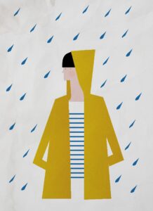 Zeichnung einer Person in gelber Regenjacke im Regen stehend