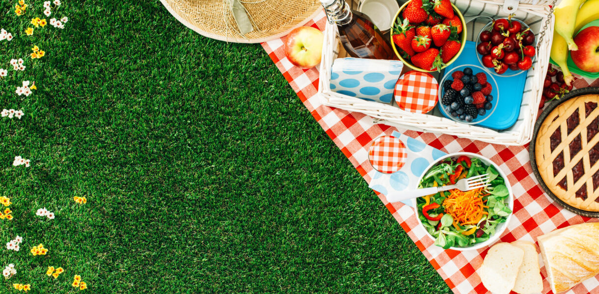 Sommerliches Picknick auf dem Rasen mit offenem Picknickkorb, Obst, Salat und Kirschkuchen