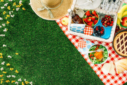 Sommerliches Picknick auf dem Rasen mit offenem Picknickkorb, Obst, Salat und Kirschkuchen