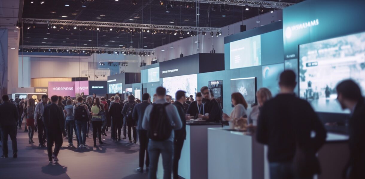 Besucher vor modernen Ständen | Messestand Traversensystem