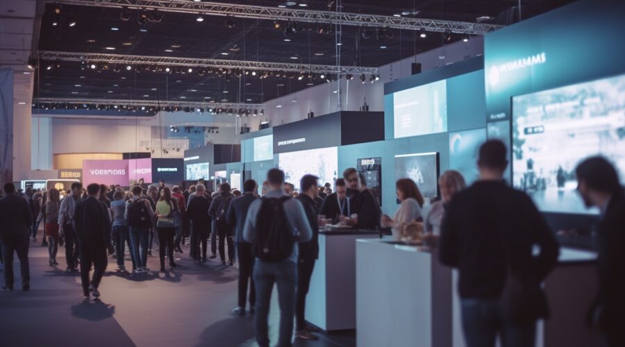 Besucher vor modernen Ständen | Messestand Traversensystem